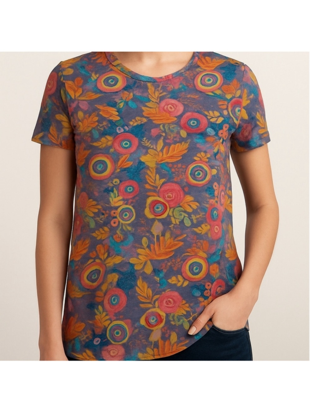NWT Layerz Basics Distressed Floral Tee Shirt Medium Colorful Boho Fall Print